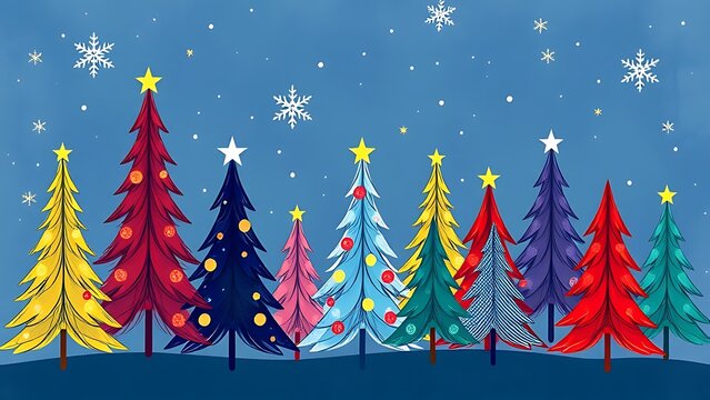 Colorful christmas trees stand in a row against a blue background with snowflakes falling gently down
