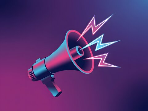 Neon megaphone emitting electric sound waves announcement