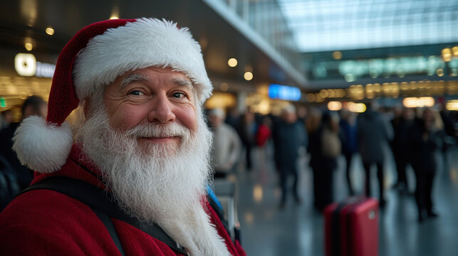 A warm and welcoming Santa Claus is seen smiling amidst a bustling airport crowd, symbolizing the joy and excitement of holiday travel and festivities.