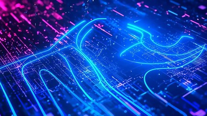Futuristic digital data stream with glowing neon pink and blue lines across a dark abstract tech background, representing information networks, connectivity, and tech visualization - Powered by Adobe