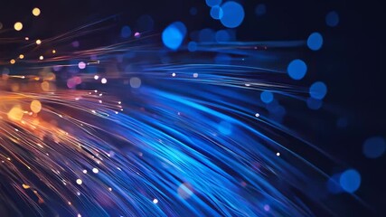 Abstract futuristic light trails and bokeh in motion with vibrant blue and orange fiber-like lines creating a dynamic data stream and digital network inspired composition - Powered by Adobe