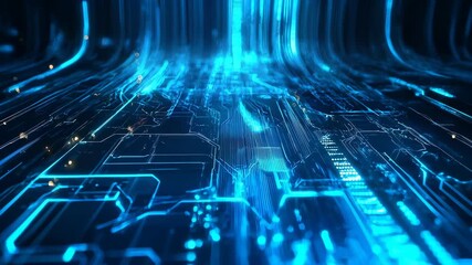 Futuristic blue circuit board landscape featuring glowing neon data pathways, intricate circuitry and abstract technology network visualization representing digital infrastructure - Powered by Adobe