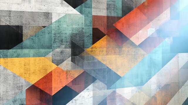 Abstract geometric pattern with overlapping angular shapes in warm orange, teal, yellow and gray tones, distressed texture, and modern design elements for backgrounds and decor.