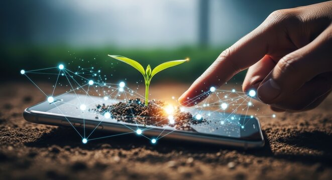 Sprout growing from smartphone with digital network overlay technology growth