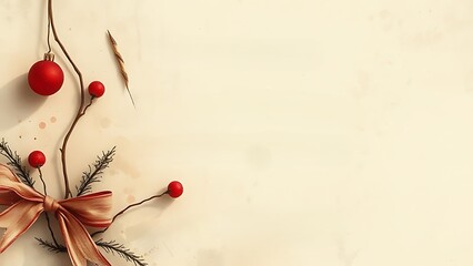 Elegant christmas background with red bauble, bow, and berries on a beige surface with copy space