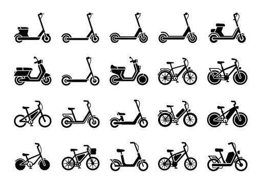 Collection of minimalist icons representing various electric bikes and scooters, illustrating eco-friendly personal urban transportation