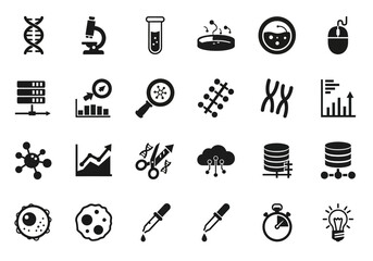 Simple solid glyph icon set representing bioinformatics, genetics, and data science concepts