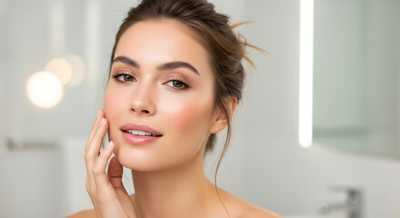 Stunning brunette woman with a gentle touch on her perfect, radiant face. Skincare, cosmetics, and beauty treatment concept