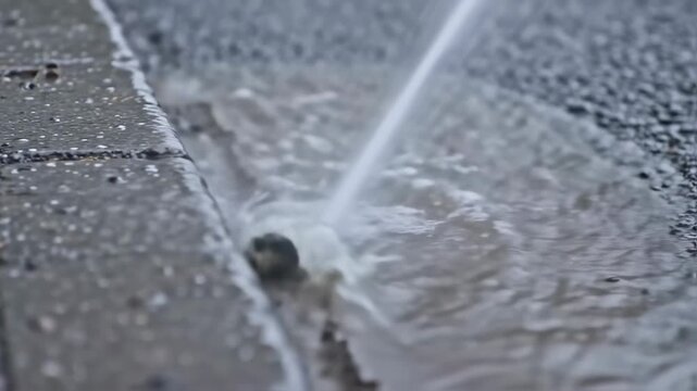 High-pressure water jet cleaning a street gutter