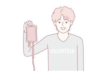 Smiling man volunteer holding bag of blood donating to people in need. Happy male donor make good deed give blood in donation center. Vector illustration.