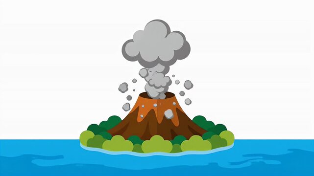 Flat design illustration of a smoking volcano on a green island in the blue ocean