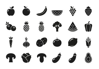 Minimalist glyph icon collection of fresh organic fruits and vegetables. Vector silhouettes for nutrition, diet, and grocery concepts