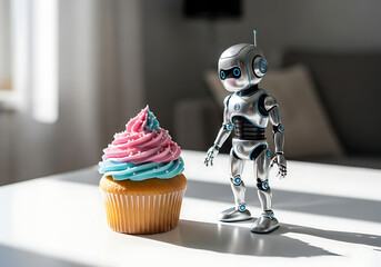 A small, silver robot stands beside a colorful cupcake, ready to interact with it