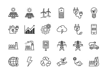 Minimalist line icon set of green energy, electricity, and ecology symbols for graphic design. Vector illustration of power concepts