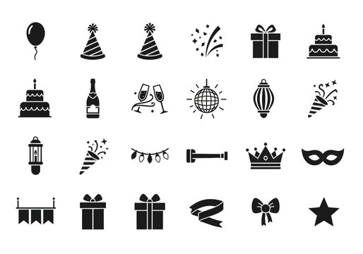 A comprehensive set of solid glyph icons for party and celebration themes, including birthday, new year, and holiday event symbols