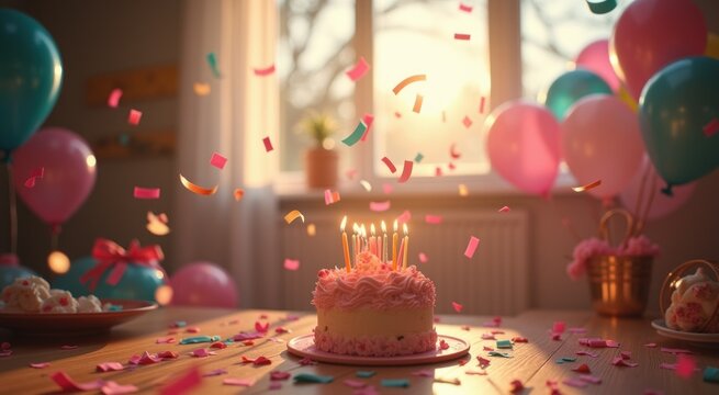 Birthday cake with candles on it surrounded by balloons