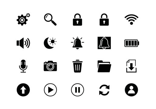A comprehensive set of black solid glyph icons for user interface design, featuring essential symbols for web, mobile apps, and software development
