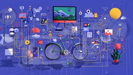Colorful digital illustration featuring a bicycle amidst technology-themed elements and abstract shapes - Powered by Adobe