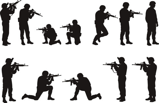 Silhouette military soldiers in diverse tactical combat positions holding rifles, standing, kneeling, and aiming, detailed vector illustration for defense, 