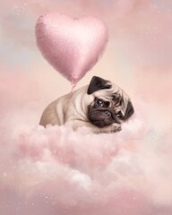 Cute pug with pink heart balloon on fluffy pastel clouds, adorable dog illustration for Valentine and love themes.