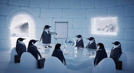 Penguin in suit presenting to colleagues in an igloo boardroom with a flip chart. Business meeting concept in cold, icy environment.