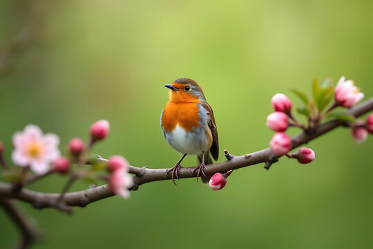 European robin perched on a blooming cherry blossom branch in soft light