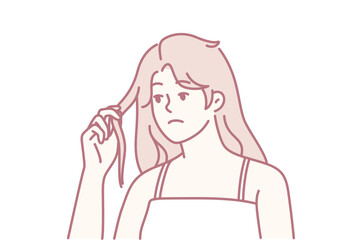 Unhappy young woman distressed with thin breakable hair. Upset girl frustrated with hair loss and breakage having split ends. Haircare and beauty. Vector illustration.