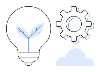 Lightbulb with sprouting leaves, gear symbol for engineering, and cloud icon. Ideal for sustainability, innovation, technology, ecology, renewable energy, progress and teamwork as a simple flat