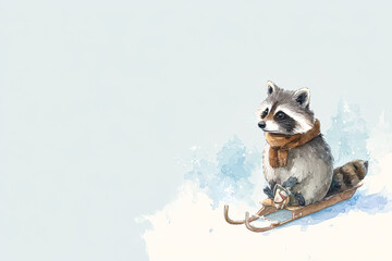 Cute raccoon sitting on a sled in a snowy landscape with soft blue background and winter vibes