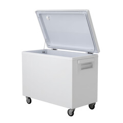 White portable ice chest cooler with open lid and wheels