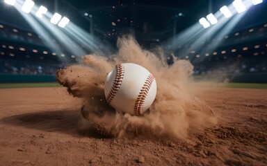 A baseball is sliding into home plate, kicking up dirt in a dramatic sports scene
