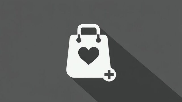 Flat design shopping bag with heart and add symbol long shadow animation on grey background
