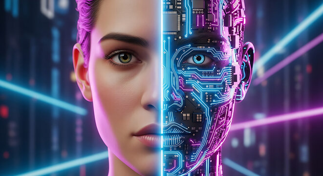 Humanoid face split between a realistic woman and a circuit board artificial intelligence face - Powered by Adobe