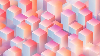 Abstract geometric pattern of pastel 3D cubes in a dense grid with soft lighting and gradient hues of pink, peach, lavender, and sky blue for a modern decorative background - Powered by Adobe
