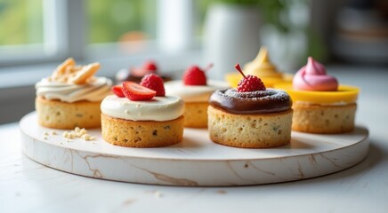 Small cakes on a plate with strawberries on top vegan cakes