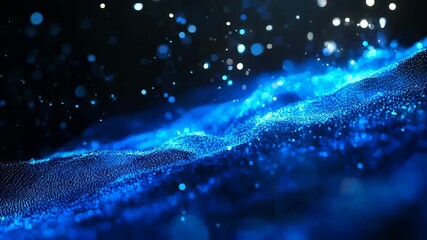 Abstract blue digital wave with shimmering particles and neon light in a dark background, a futuristic technology concept visualization for data science, AI, and digital innovation