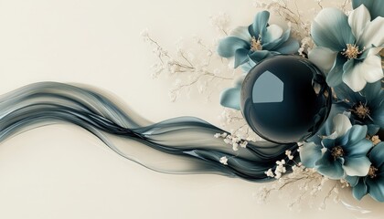 Glossy dark sphere interacts with flowing translucent ribbons beside decorative teal and white blossoms