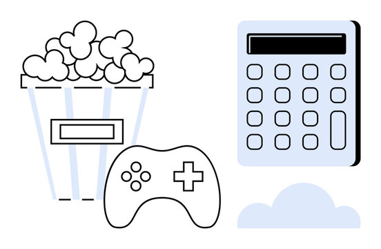 Popcorn bucket, gaming controller, and calculator representing leisure, gaming, and productivity. Ideal for entertainment, gaming, budgeting, time management work-life balance relaxation - Powered by Adobe