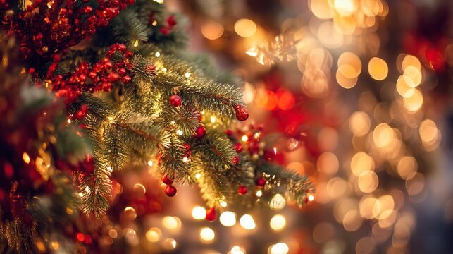A close-up of a Christmas tree, with green pine branches adorned with red and gold decorations, highlighting exquisite details and creating a joyful holiday atmosphere.