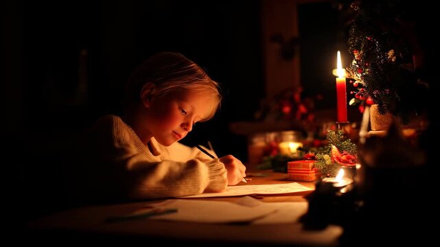 Young girl writes at a wooden table by candlelight with a softly glowing Christmas tree nearby, capturing a warm, quiet holiday moment of creativity and anticipation.