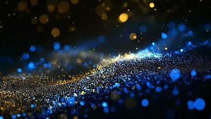 Atmospheric abstract background featuring blue and gold bokeh lights with soft particle glow and sparkling dots, ideal for festive design, digital art, and luxury branding