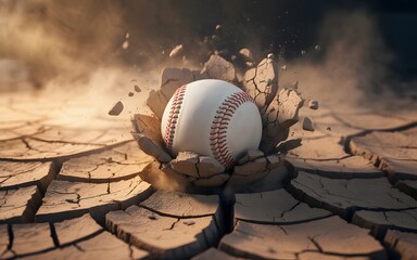 Baseball breaks through dry cracked earth in a powerful and impactful moment of destruction