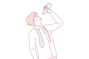 Thirsty man suffer from hot weather drinking last drops of water. Unwell male struggle with heatstroke outdoors. Vector illustration.