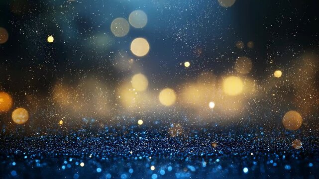 Dreamy abstract bokeh photography of blue and gold sparkling lights scattered over a dark reflective surface, creating a festive, luxurious atmosphere ideal for celebration