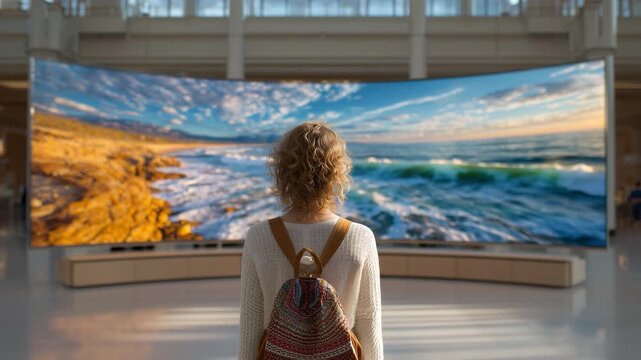 Young Caucasian woman admiring a massive flat-screen TV displaying a stunning coastal landscape in bright daylight, showcasing vibrant colors and clarity.