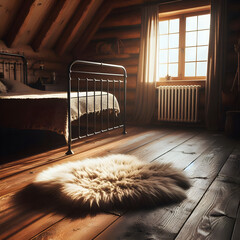 Warm and Inviting Rustic Bedroom Featuring Cozy Textiles and Distressed Dark Walnut Wood Flooring