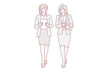 Businesswomen walking together talking discussing business ideas. Female employees with documents or paperwork in hands walk chatting. Vector illustration.
