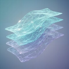 Abstract layered structure of nanomaterials, illustrating stacked ultrathin films or membranes in advanced material science, nanotechnology, or filtration technology.