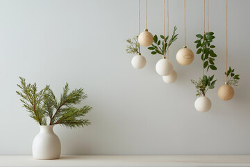 宙に浮かぶ木のオーナメントと柔らかな緑がつくる静穏なホリデー空間