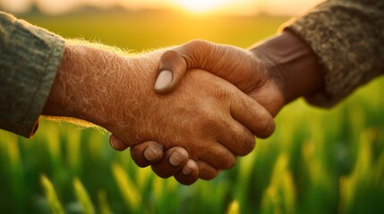 Handshake between Diverse Individuals in Green Field at Sunset
